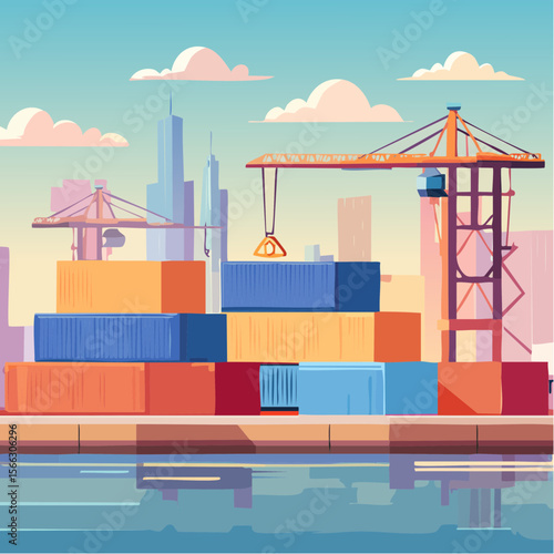 Shipping containers stacked at busy seaport terminal with cranes loading cargo