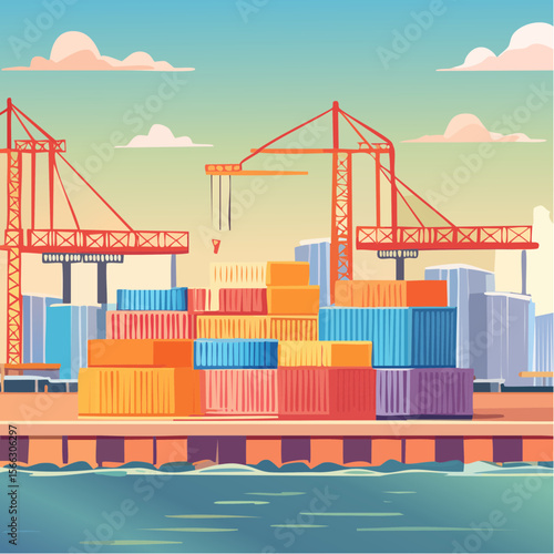 Shipping containers stacked at busy seaport terminal with cranes loading cargo