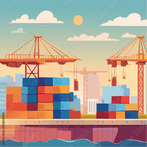 Shipping containers stacked at busy seaport terminal with cranes loading cargo