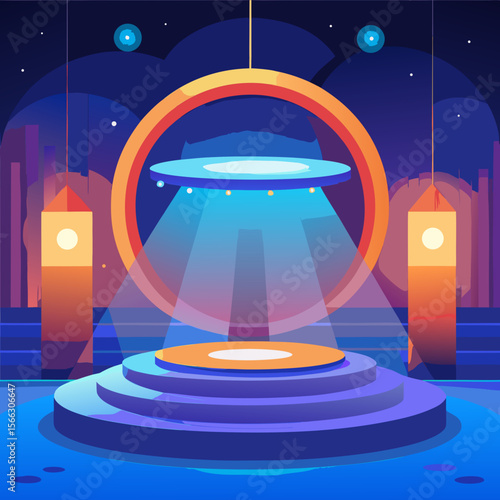 Illustration of a ufo hovering over a stage with spotlights and a ring in a night scene setting