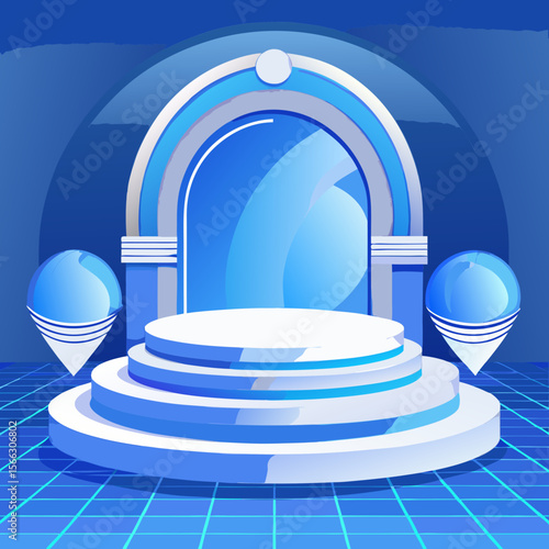 A futuristic blue and white stage with an archway and spherical decorations on a grid background