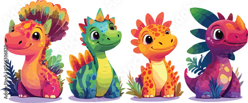 Four colorful cartoon baby dinosaurs sitting in a row on a white background