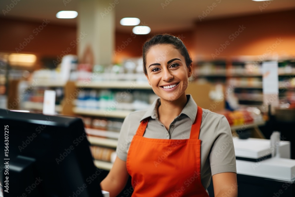 Happy supermarket cashier wearing red apron working at checkout counter Happy supermarket cashier wearing red apron working at checkout counter