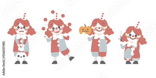 happy halloween holiday festival with character set of boys wearing bozo clown costume, flat vector illustration cartoon character design