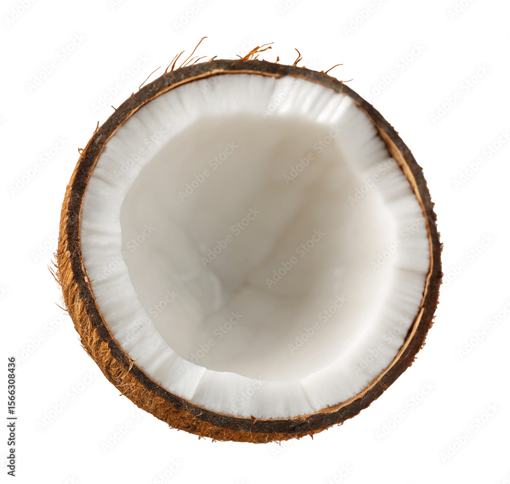 Half coconut showing cross section with brown shell and white flesh visible close up against white Half coconut showing cross section with brown shell and white flesh visible close up against white