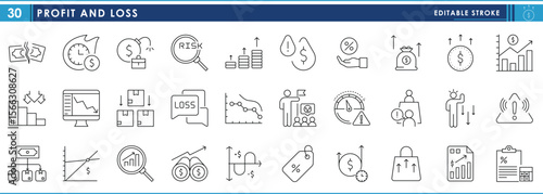 A set of line icons related to Profit and Loss. Profit, loss, risk, growth, downfall, deadline, inflation, price, value, and so on. Vector editable stroke.