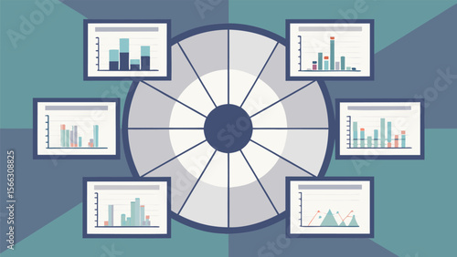 Graphical representation of data analysis with charts surrounding a central circular diagram element
