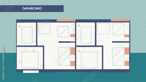 Overhead view of a building floor plan showing multiple rooms with windows and a dashboard label on top