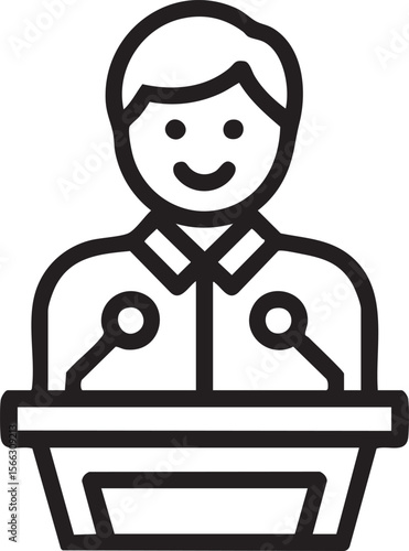 Speaker Standing At Podium With Microphones Icon Representing Public Speaking Presentation Leadership Communication Seminar And Conference

