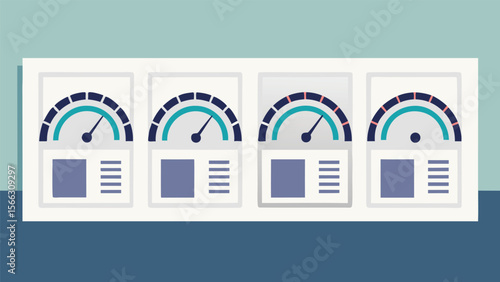 Four dashboard panels displaying gauges and data indicators in a white frame on a blue background