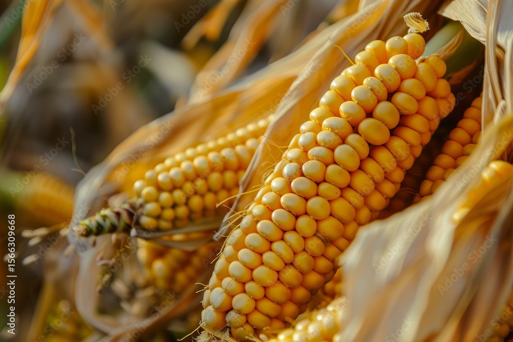 Fototapeta premium Close up of golden corn cobs ripening on the stalks, ready for harvest