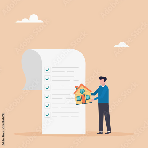 Character holding house with checklist papers. home and property planning. Vector illustration.	