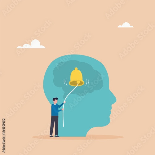 Reminder: Don't forget important information. Reminder concept. The bell is in the head, the character is pulling it. Vector illustration.	