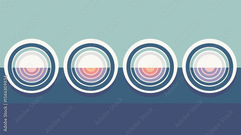 Obraz premium Four circles with concentric rings and semicircular color bands arranged horizontally across the image