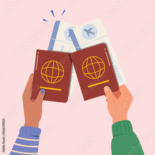 Hand holding passport and ticket for travel or trip. Vector Illustration of travel around the world.