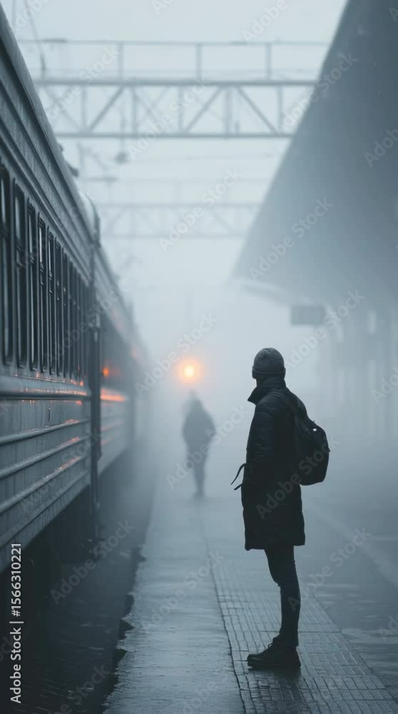 A person standing on a train platform as another person walks away into fog. The subject looks at the ground, hands in pockets. Cold tone, minimal urban setting, cinematic atmosphere. A person standing on a train platform as another person walks away into fog. The subject looks at the ground, hands in pockets. Cold tone, minimal urban setting, cinematic atmosphere.