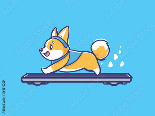 Cute Corgi Dog Running on Treadmill Cartoon Illustration for Fitness and Health