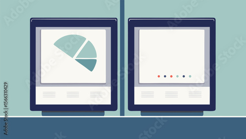 Two screens showing a pie chart and colored dots on a light blue background in a simple style