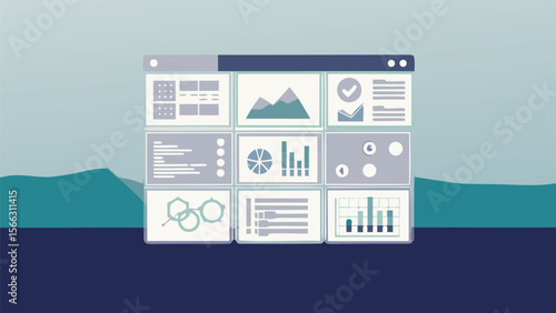 Dashboard interface displaying various charts graphs and data visualizations in a structured grid layout