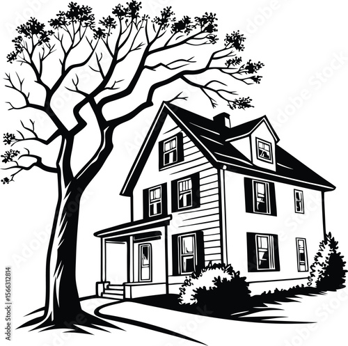 A timeless black and white illustration of a charming, historic-style house with a large tree casting a shadow.