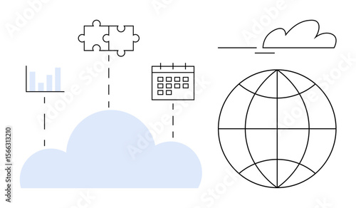 Cloud connecting data chart, global sphere, calendar, puzzle with dashed lines. Ideal for technology, innovation, connectivity, globalization data management teamwork cloud services. Simple flat