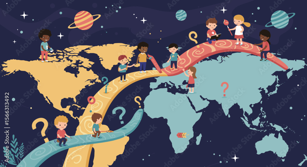 Naklejka premium Children exploring the world map journey with space elements