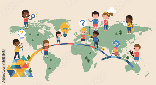 Diverse children with global map and learning concept