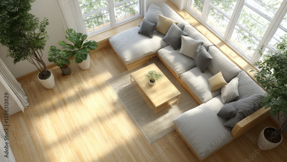 Fototapeta premium Bright Sunlit Living Room with Large Modern Cozy Sofa Set Cushions and Indoor Plants on Wooden Floor