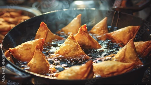 Boiling hot Samosas coming out of oil in frying utensil. Delicious Indian fried patties fresh out of the frying pan. Indian delicacy (fried pastry)