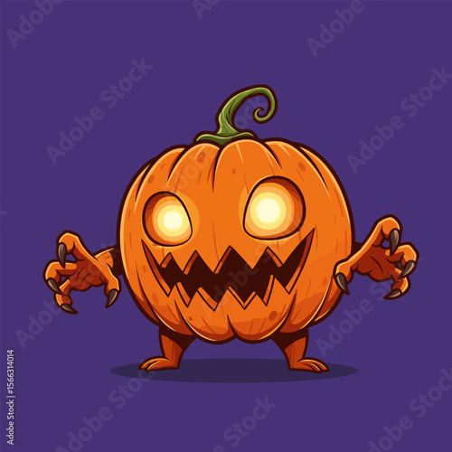 This spooky cartoon pumpkin with glowing eyes, jagged mouth, and clawed hands stands out against a bold purple backdrop — mischievous and perfect for Halloween fun.