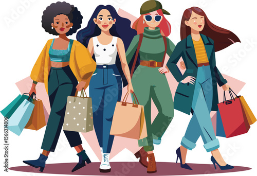 A group of fashion-forward women with shopping bags, walking in silhouette