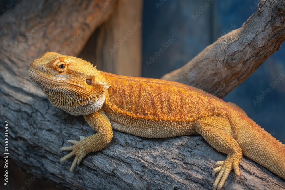 Fototapeta premium Brightly Colored Bearded Dragon Resting on Barked Tree Branch in Natural Environment with Blue Background