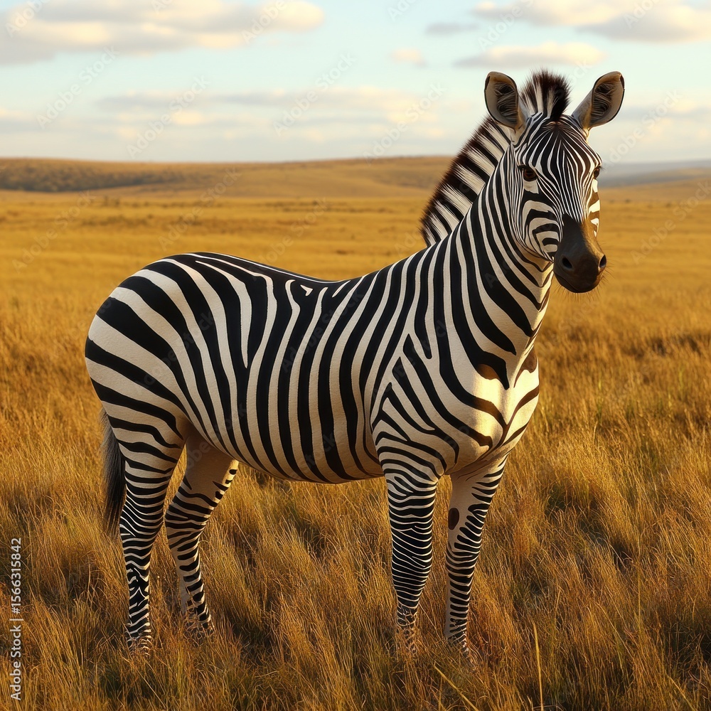 Obraz premium Majestic zebra stands proudly in golden grassland under a serene sky