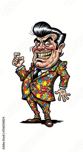a drawing of a greasy car salesman doing a crazy pose against a solid white background. exaggerated low brow style art. character, caricature, suit, tie, wild, ripoff artist, scammer, shady, portrait
