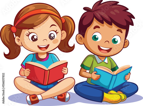 Cartoon illustration of children, a boy and a girl, reading a book, perfect for school and education-themed clipart