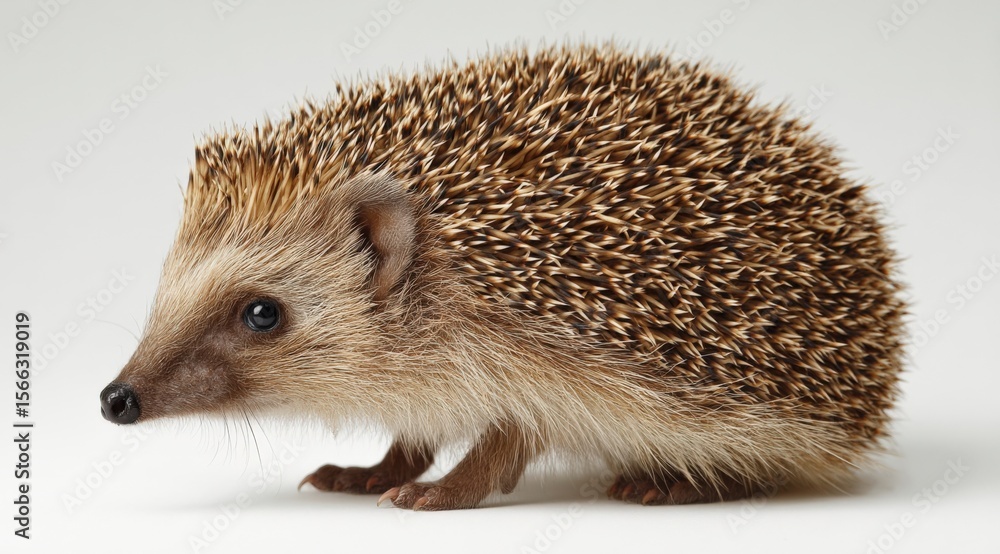 Fototapeta premium Close-up of a Small Hedgehog with Spiky Brown and Beige Fur, Black Eyes and Pointed Snout on White Background for Nature and Wildlife Themes