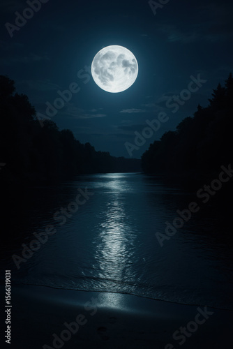 Bright full moon shining over river at night