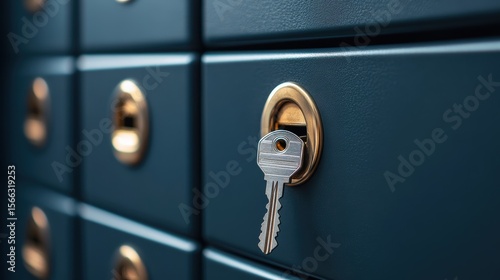 A close-up image of a silver key inserted in a blue safety deposit box lock.