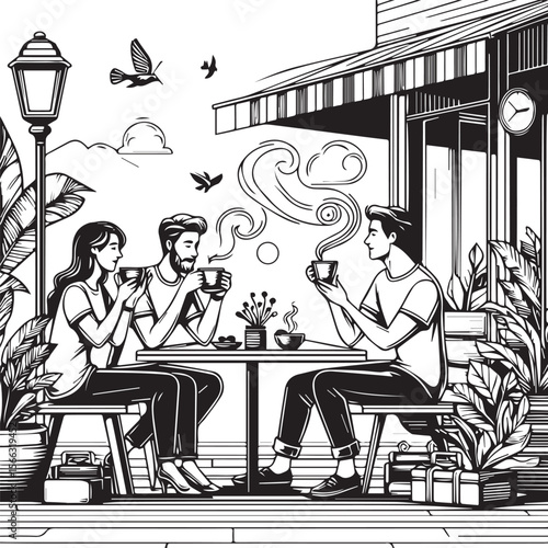 black and white vector of people sitting and drinking a cup of coffee