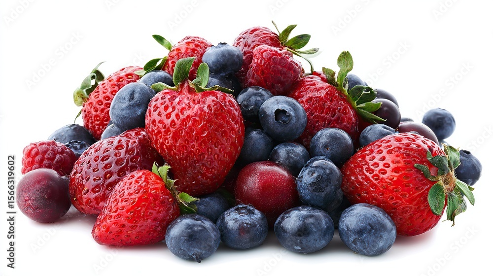 Normally arranged mix of strawberries and blueberries, other berries on white background, with photo-realistic details, professional color grading, soft shadows, low contrast, and clean sharp focus. Normally arranged mix of strawberries and blueberries, other berries on white background, with photo-realistic details, professional color grading, soft shadows, low contrast, and clean sharp focus.
