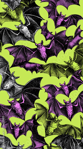 Bat pattern neon green purple halloween seamless vintage gothic spooky illustration wallpaper wrapping paper creative branding alternative 80s merch festival decor art print