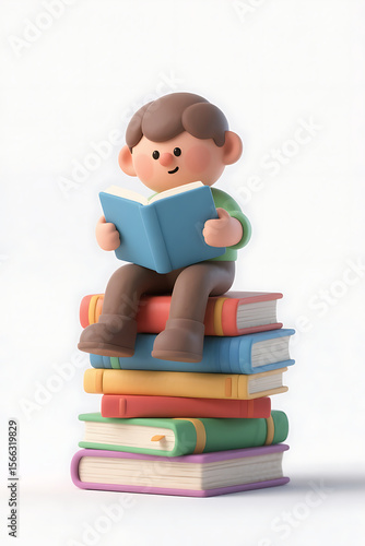 Cute cartoon boy joyfully reading a book while sitting on a colorful stack of books, 3D rendering illustration