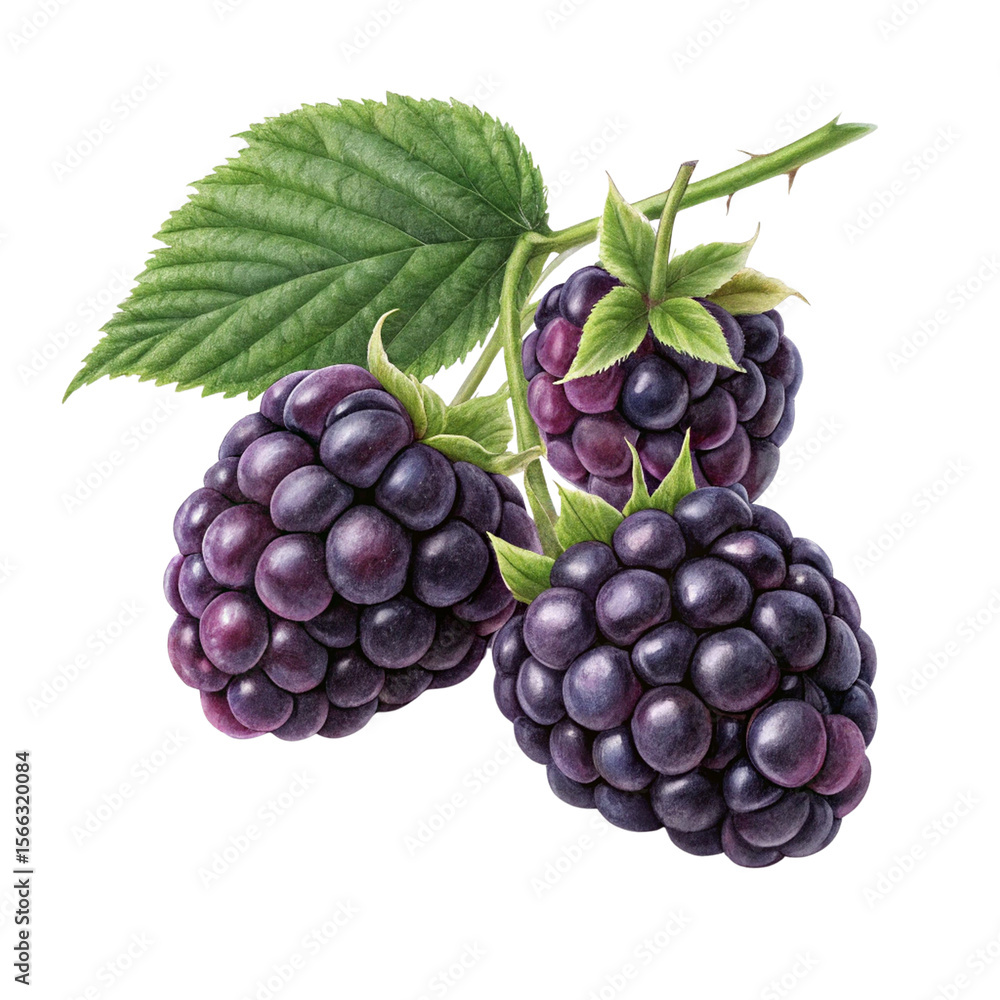 Fototapeta premium Three ripe blackberries with green leaves and thorny stem isolated on transparent background
