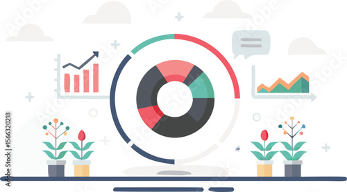 Illustration of a pie chart with plants and graphs on a white background with clouds and stars