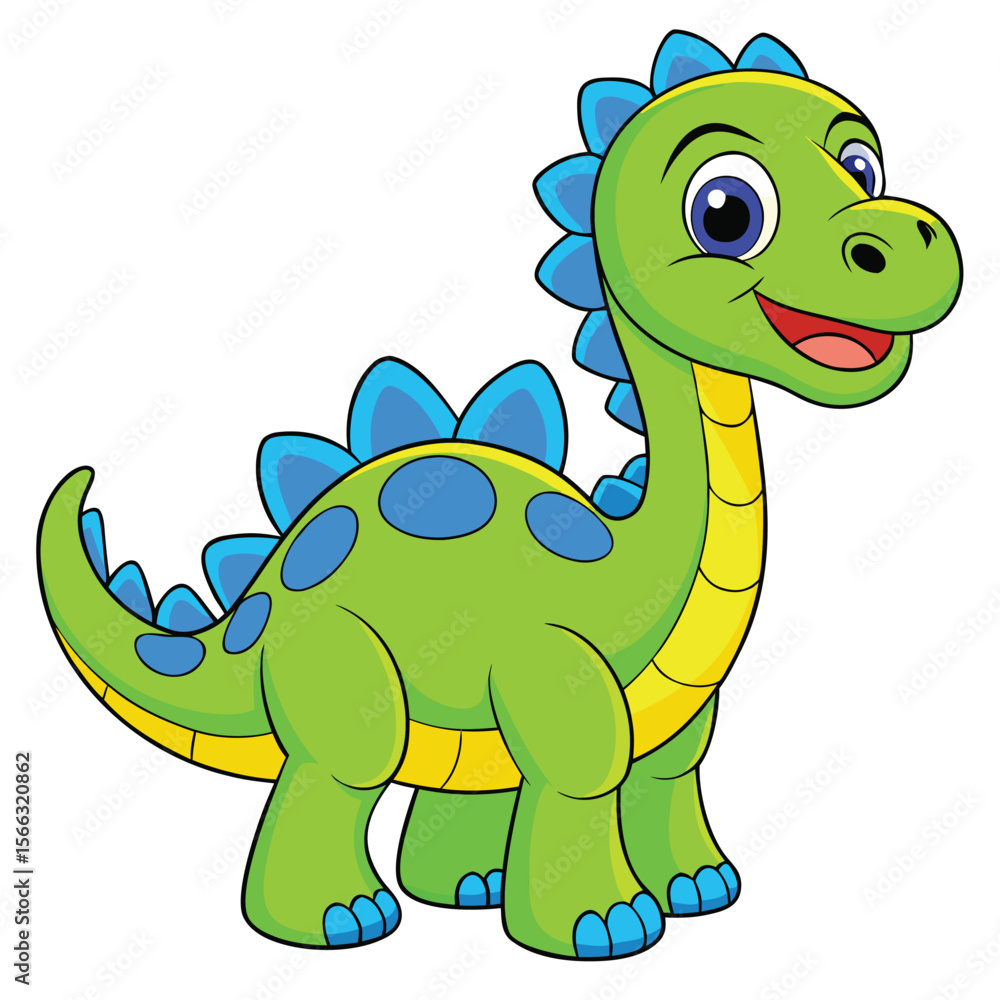 Fototapeta premium Cute green cartoon baby dinosaur vector illustration with a happy smile