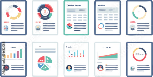 Wallpaper Mural Illustration of ten documents with charts and graphs representing data analysis and reports Torontodigital.ca