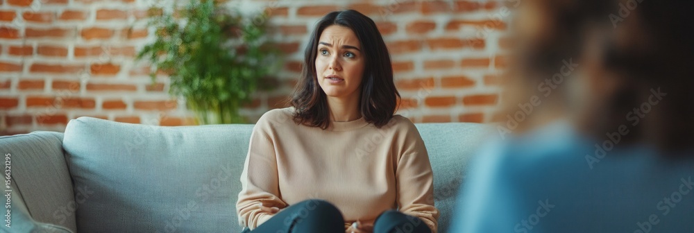 Fototapeta premium Woman sitting on sofa, sharing personal struggles with therapist during counseling session, seeking emotional support in comfortable, calming interior space