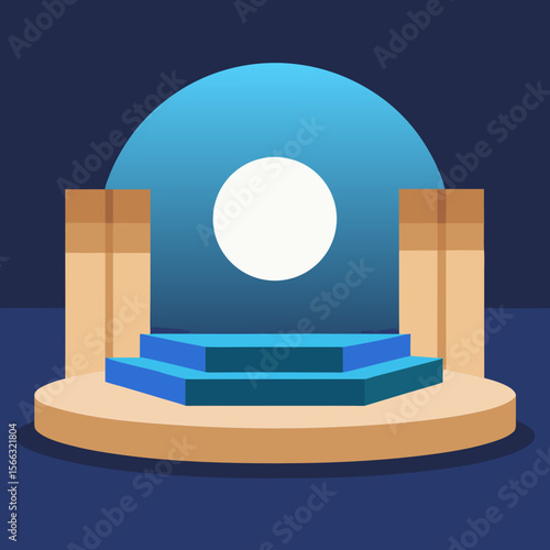Aesthetic stage with blue steps and cylindrical backdrop with a white circle and pillars in the back