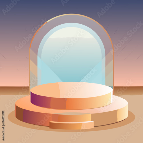 A three tiered platform with a glass archway against a gradient sunset background illustration scene