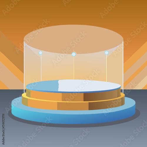 Illustration of a two tiered round platform with a transparent cylinder and orange background design